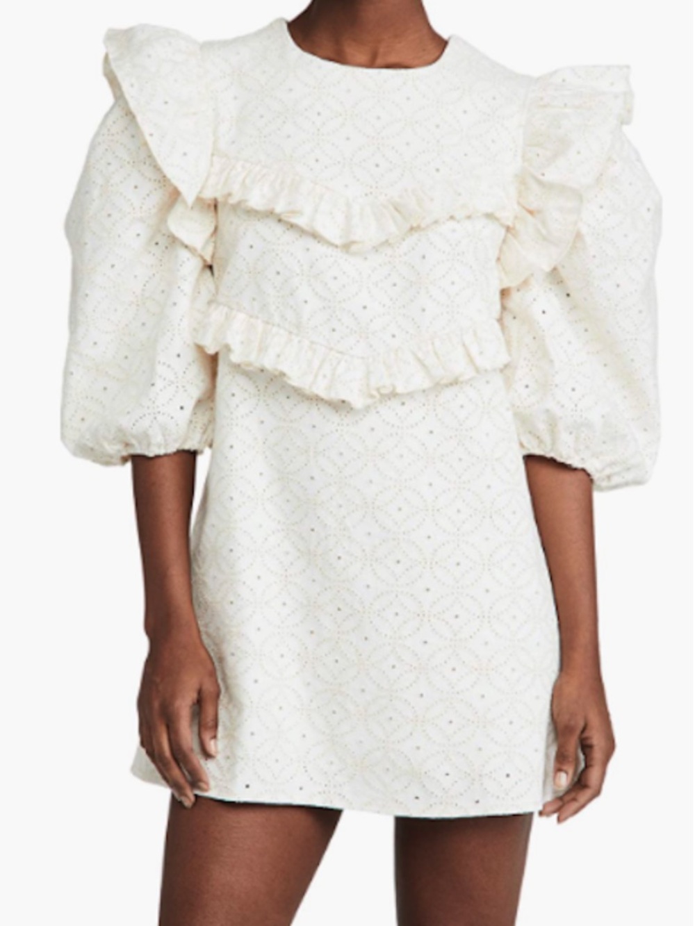 En Saison Cream Eyelet Ruffle Mini Denim Dress
